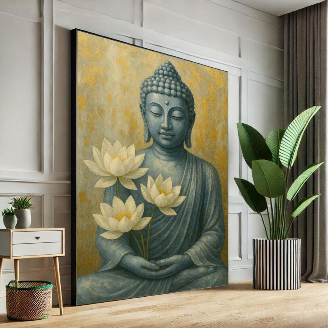 Serene Buddha Holding White Lotus Blossoms Gold Background Art Poster