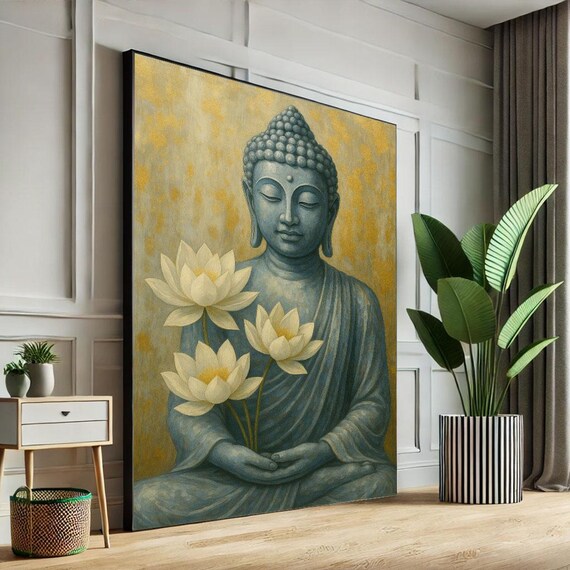 Serene Buddha Holding White Lotus Blossoms Gold Background Art Poster