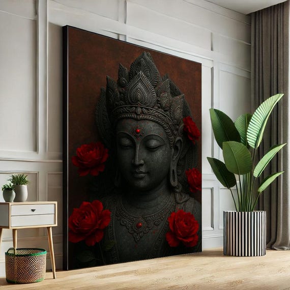 Serene Buddha With Roses Canvas Wall Art Print Rustic Zen Living Room Decor Statement Piece