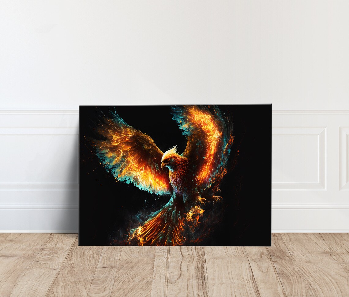 Fiery Phoenix Rising Wings of Fire and Teal Fantasy Bird Poster
