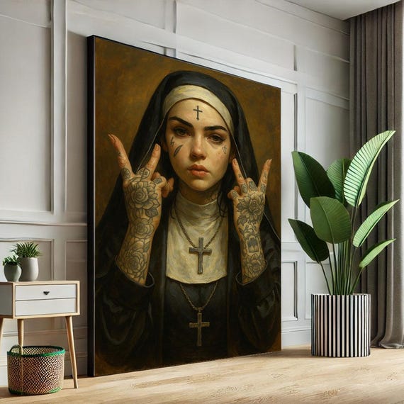Edgy Tattooed Nun Portrait Canvas Wall Art Print Gothic Living Room Decor Statement Piece