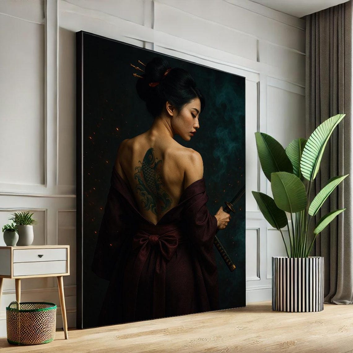 Mysterious Asian Woman With Tattoo Canvas Wall Art Print Dark Modern Living Room Decor Statement Piece