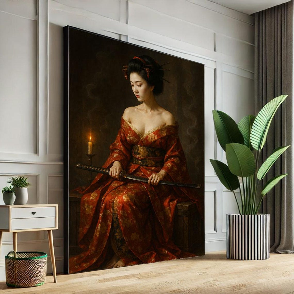 Seated Woman In Red Kimono With Katana Candlelit Beauty Poster