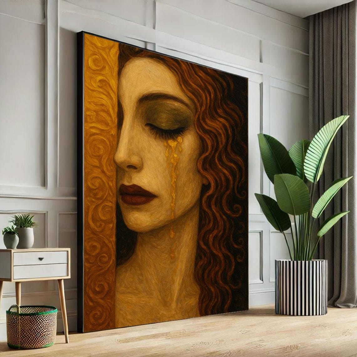 Elegant Woman Crying Canvas Wall Art Print Bohemian Bedroom Decor Statement Piece