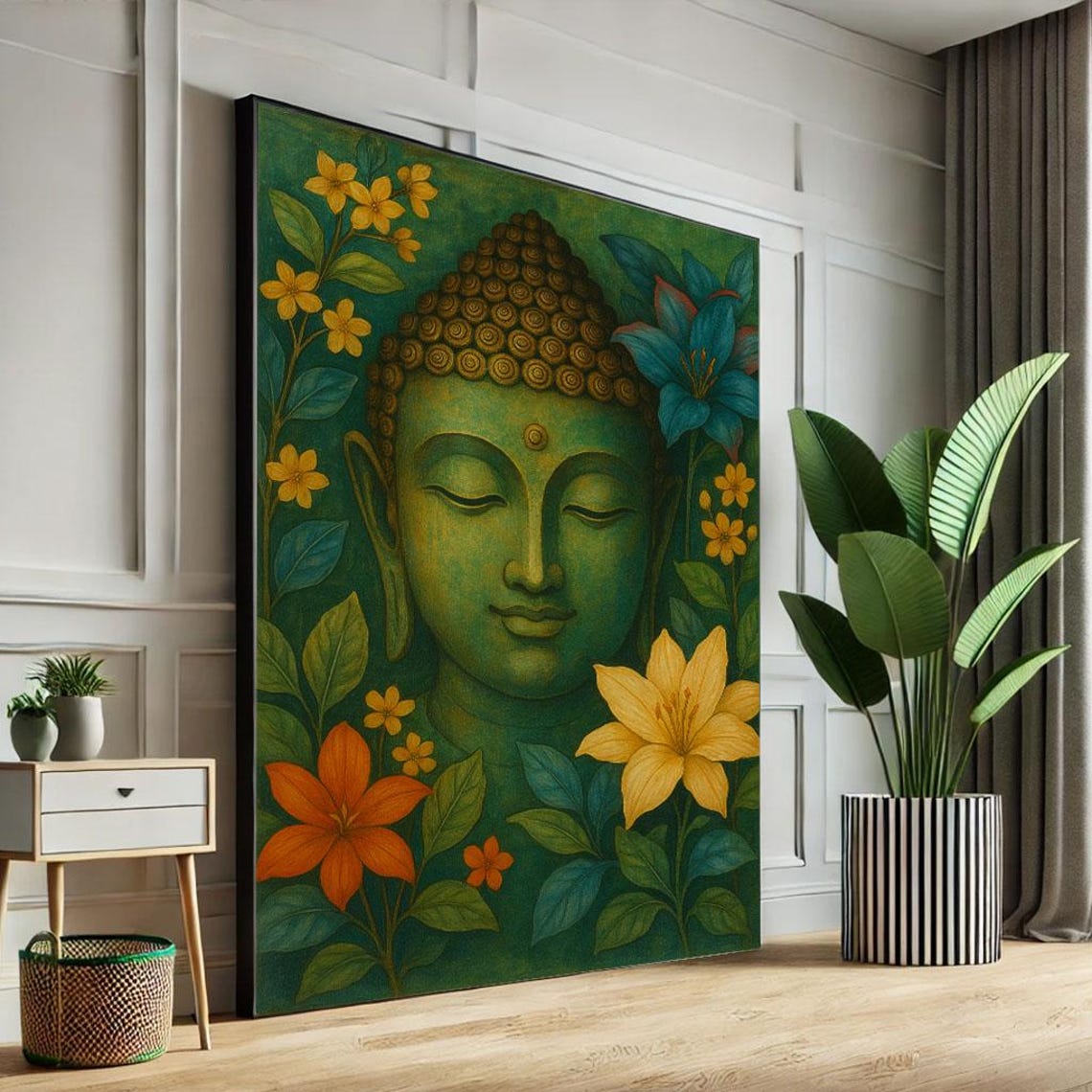 Emerald Green Buddha Among Tropical Blooms Lush Botanical Art Poster