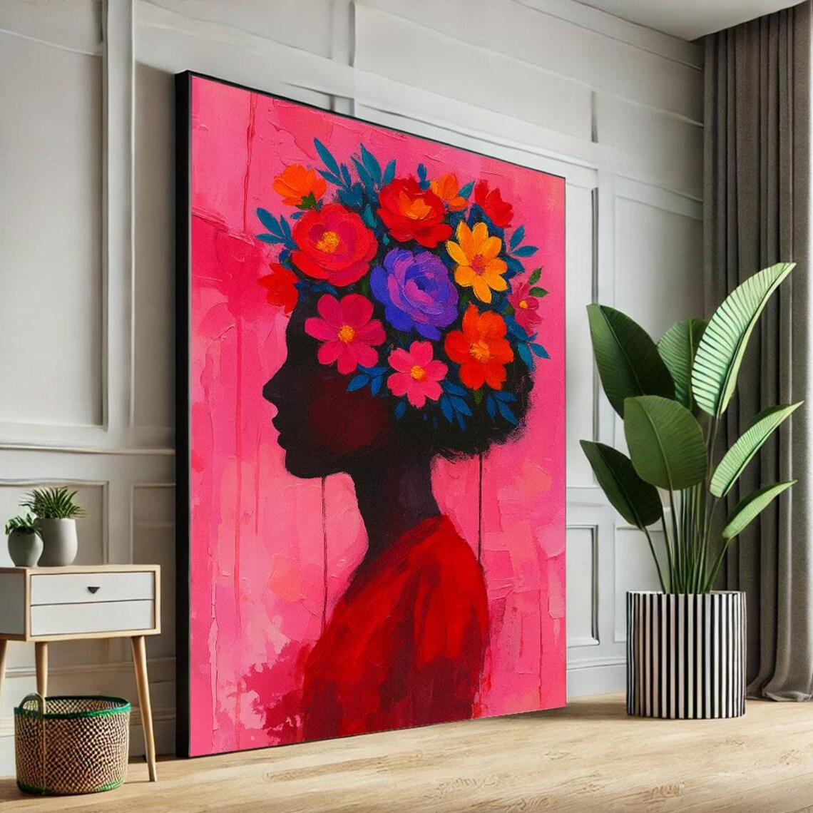 Colorful Flower Crown Woman Silhouette Pink Floral Art Poster