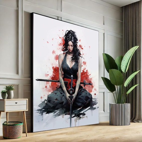 Kneeling Tattooed Samurai Woman with Twin Swords and Red Ink Splash Poster