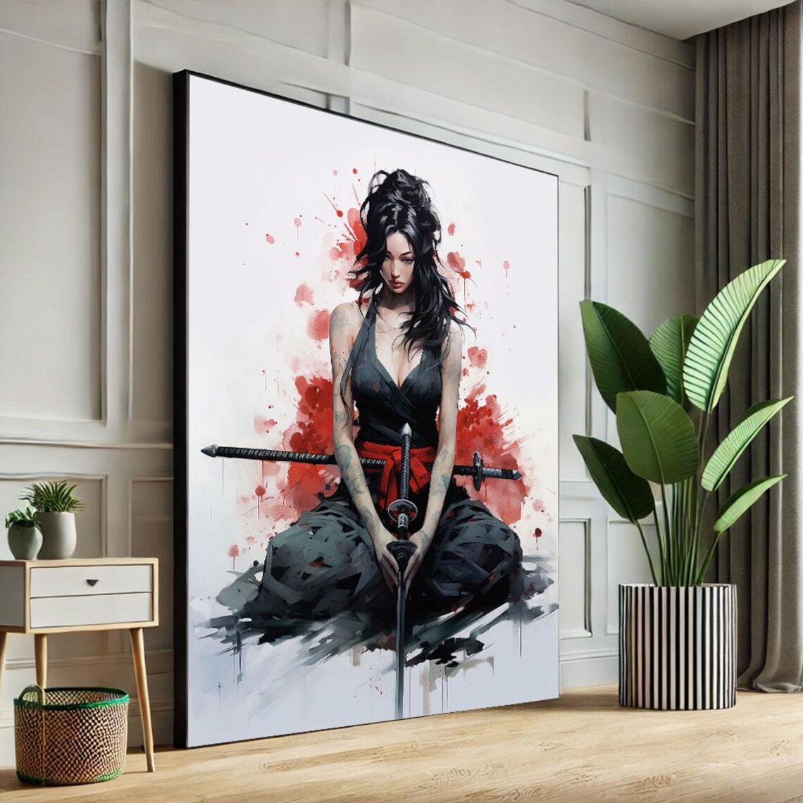 Kneeling Tattooed Samurai Woman with Twin Swords and Red Ink Splash Poster