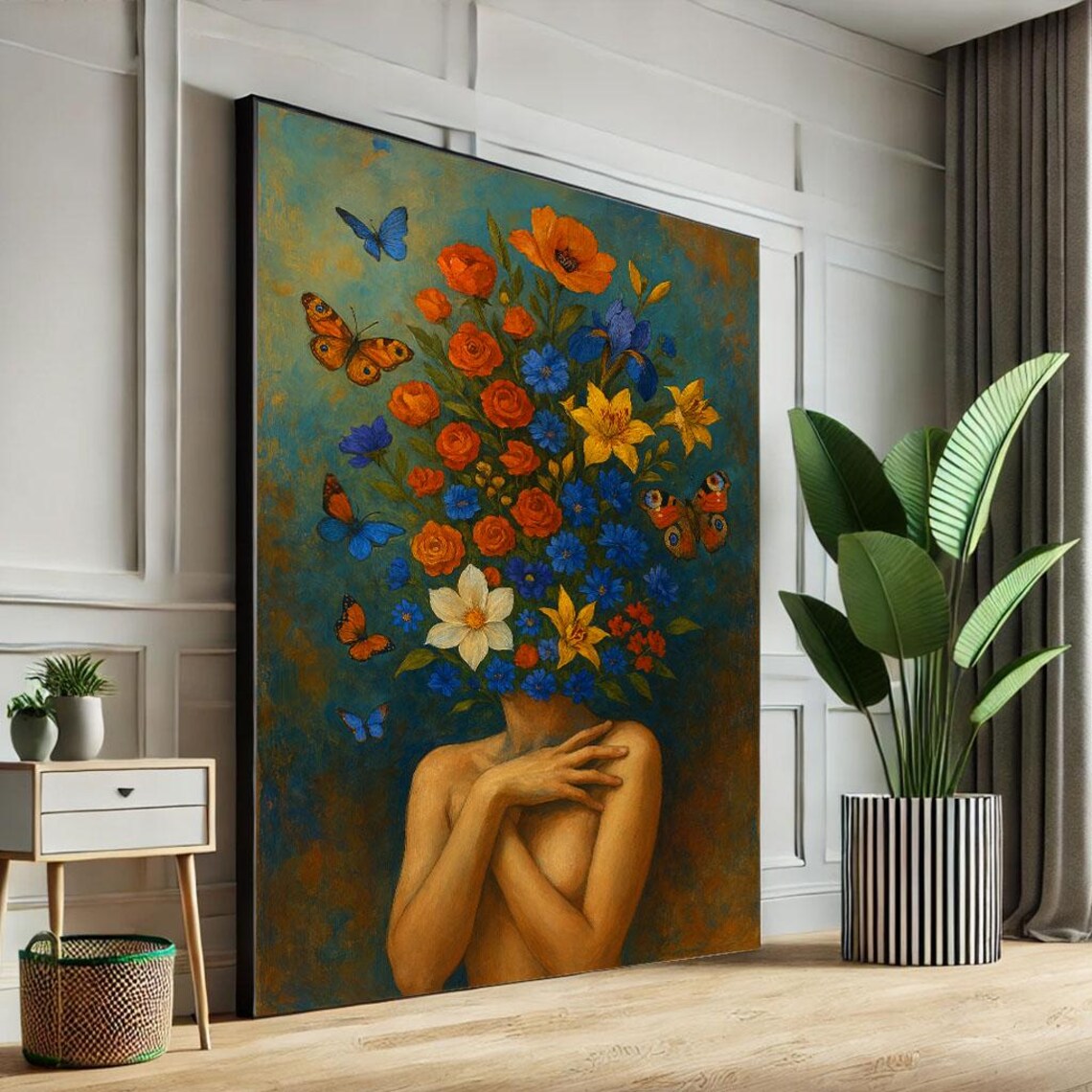 Dreamy Woman With Flower Bouquet Head And Butterflies Art Poster