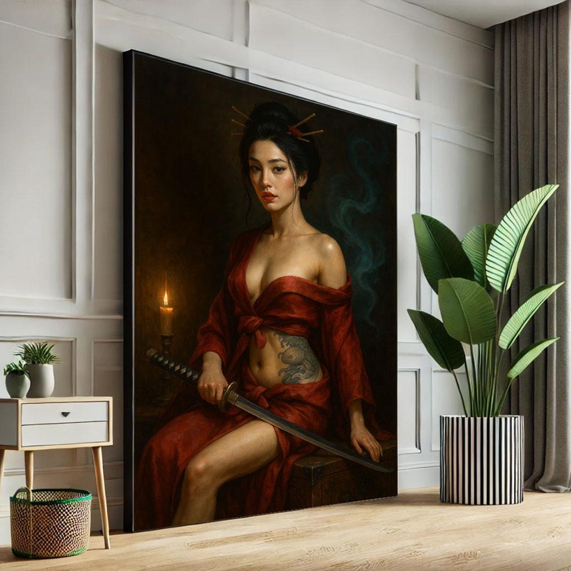 Elegant Samurai Woman Canvas Wall Art Print Bold Red Bedroom Decor Statement Piece