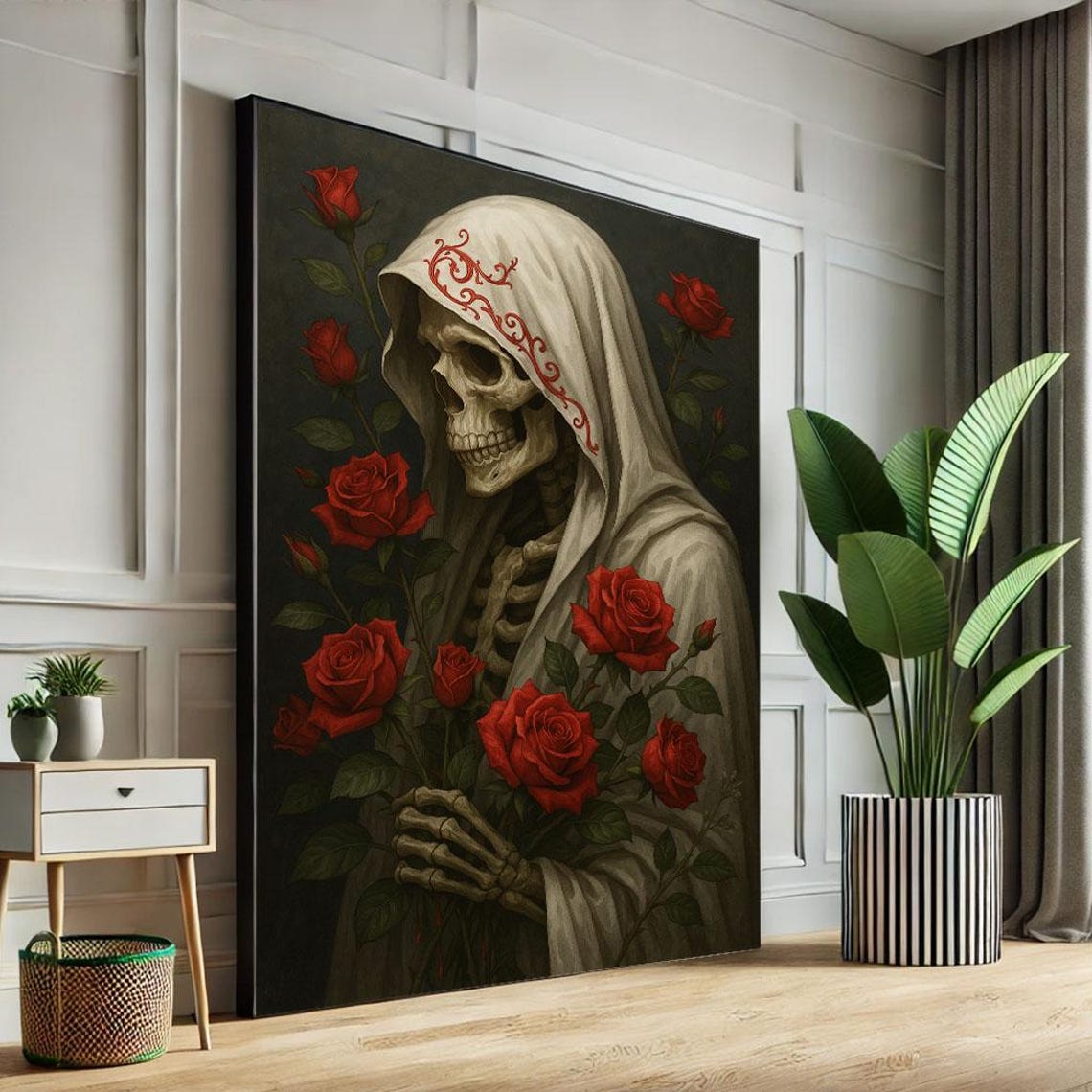 Hooded Skeleton Holding Red Roses Dark Gothic Floral Art Poster