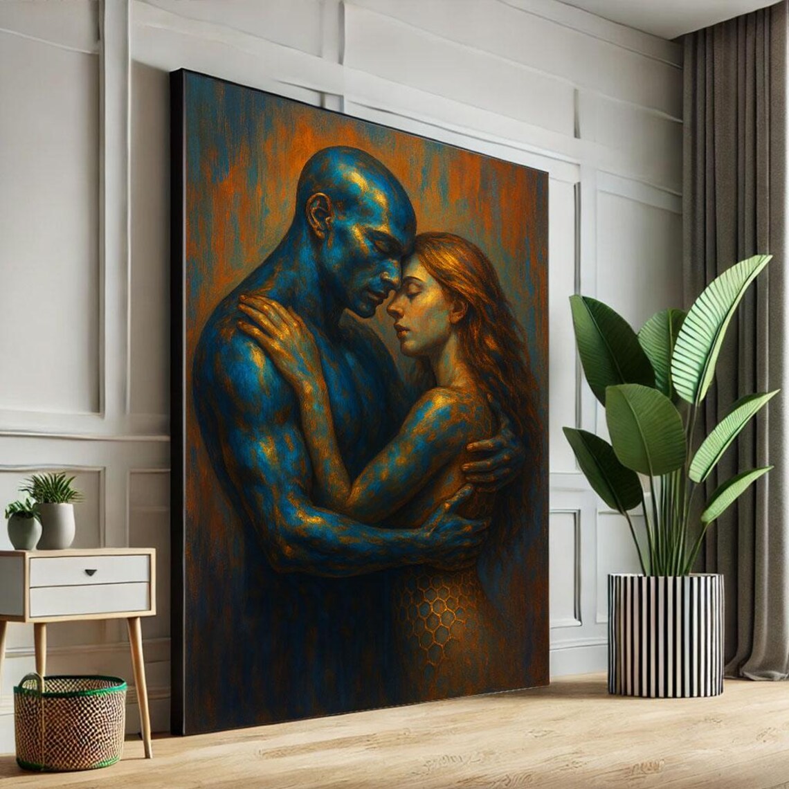 Tender Couple Embrace Blue Man And Red Haired Woman Art Poster