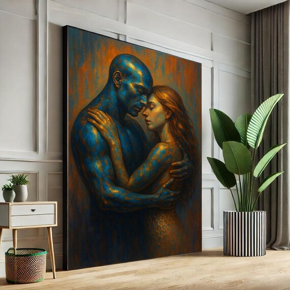 Tender Couple Embrace Blue Man And Red Haired Woman Art Poster
