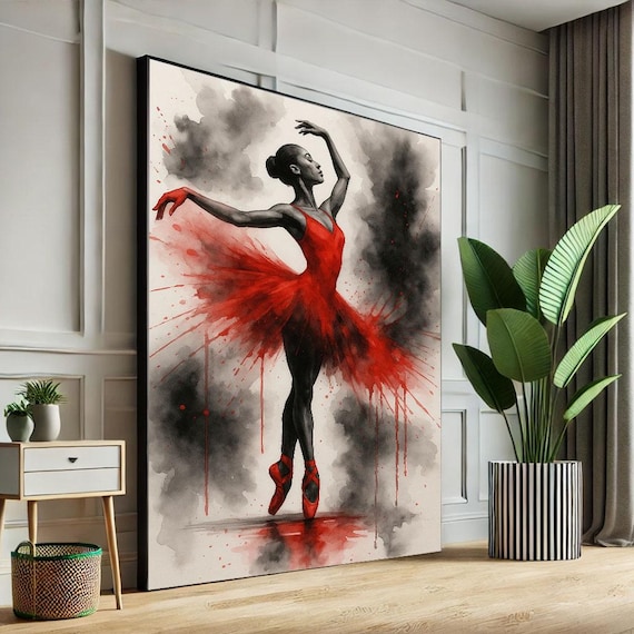 Elegant Ballerina In Red Dress Canvas Wall Art Print Modern Living Room Decor Statement Piece