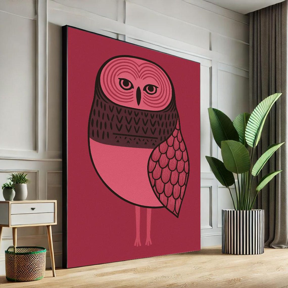 Bold Pink Stylized Owl Graphic Red Background Minimalist Poster
