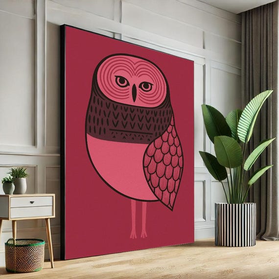 Modern Pink Owl Canvas Wall Art Print Bold Minimalist Living Room Decor Statement Piece