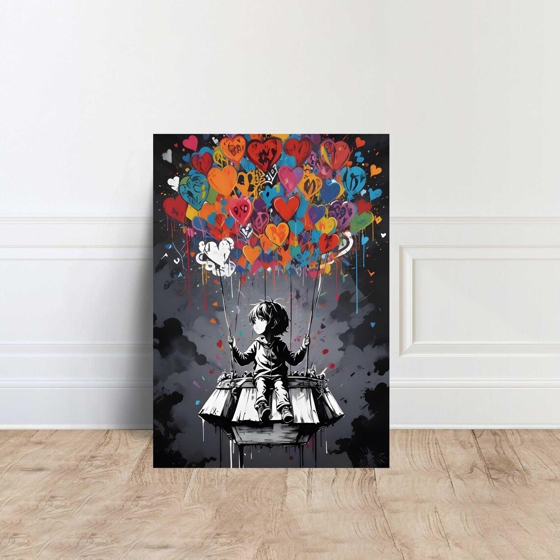 Child Holding Heart Balloons Black White Graffiti Love Street Art Poster