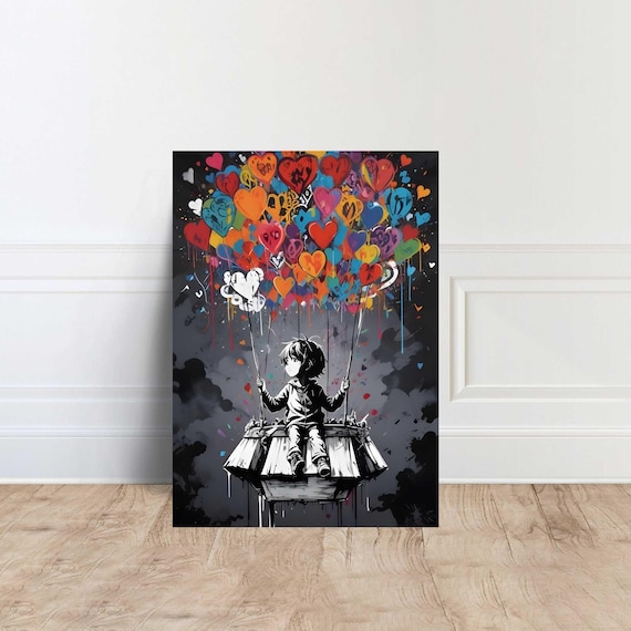 Child Holding Heart Balloons Black White Graffiti Love Street Art Poster