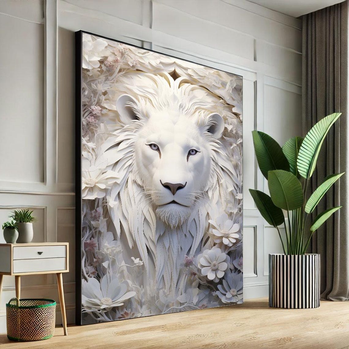 Majestic White Lion Canvas Wall Art Print Modern Animal Decor For Living Room Statement Piece