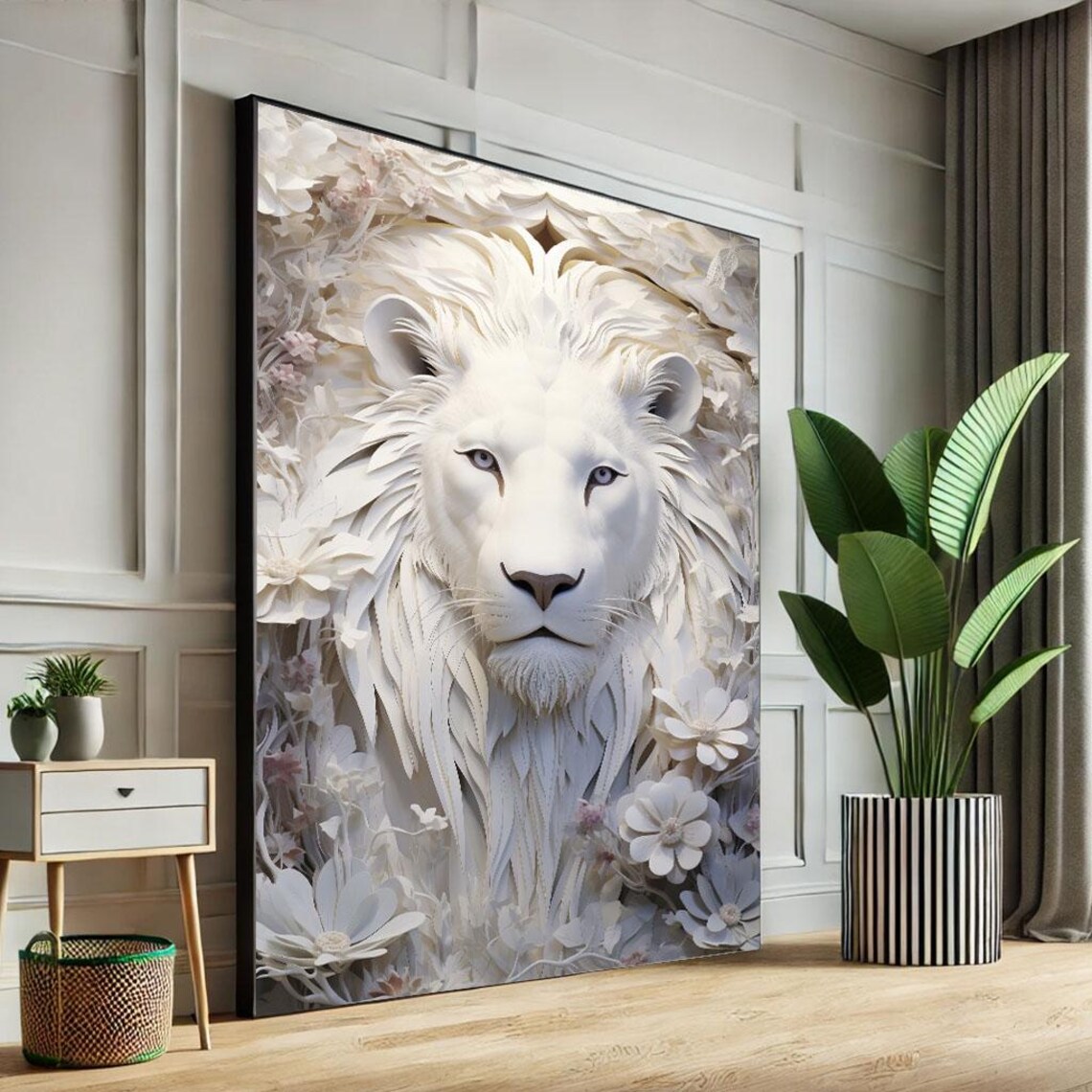 White Lion In Paper Cut Flowers Delicate Floral Animal Art Poster