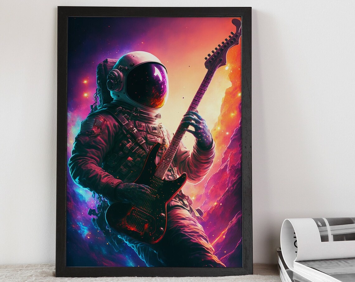 Star Astronaut Playing Electric Guitar Neon Cosmos Rock Poster