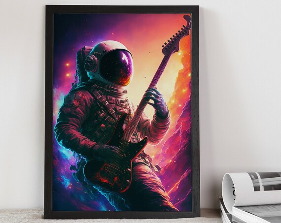 Star Astronaut Playing Electric Guitar Neon Cosmos Rock Poster
