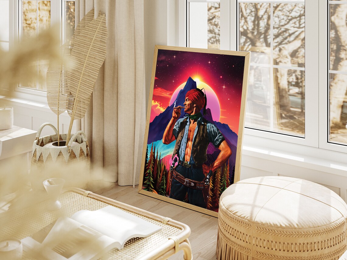 Space Cowboy Red Bandana Glowing Cosmic Planet Neon Western Poster - Image 2