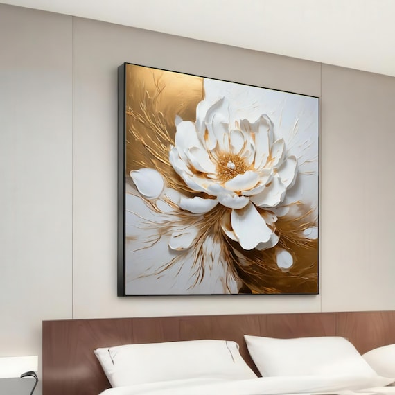 White and Gold Flower 3D Textured Peony Elegant Floral Wall Poster