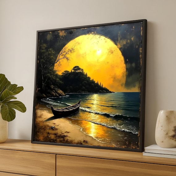 Golden Moonlit Beach Wooden Canoe Island Serene Ocean Wall Art