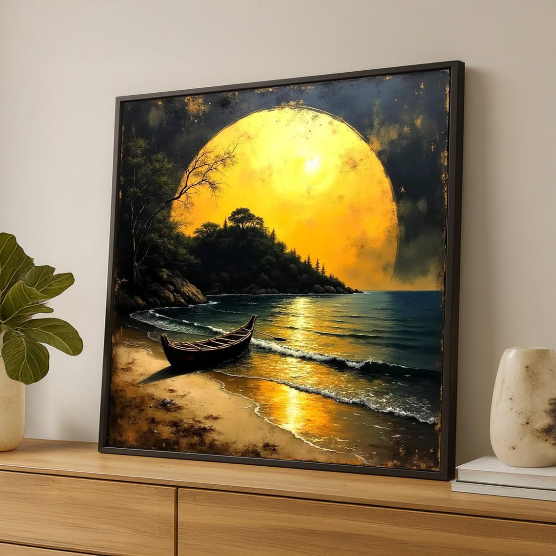 Golden Sunset Canvas Wall Art Serene Beach Scene Tranquil Ocean Landscape Canoe On Shore Nature Decor Relaxing