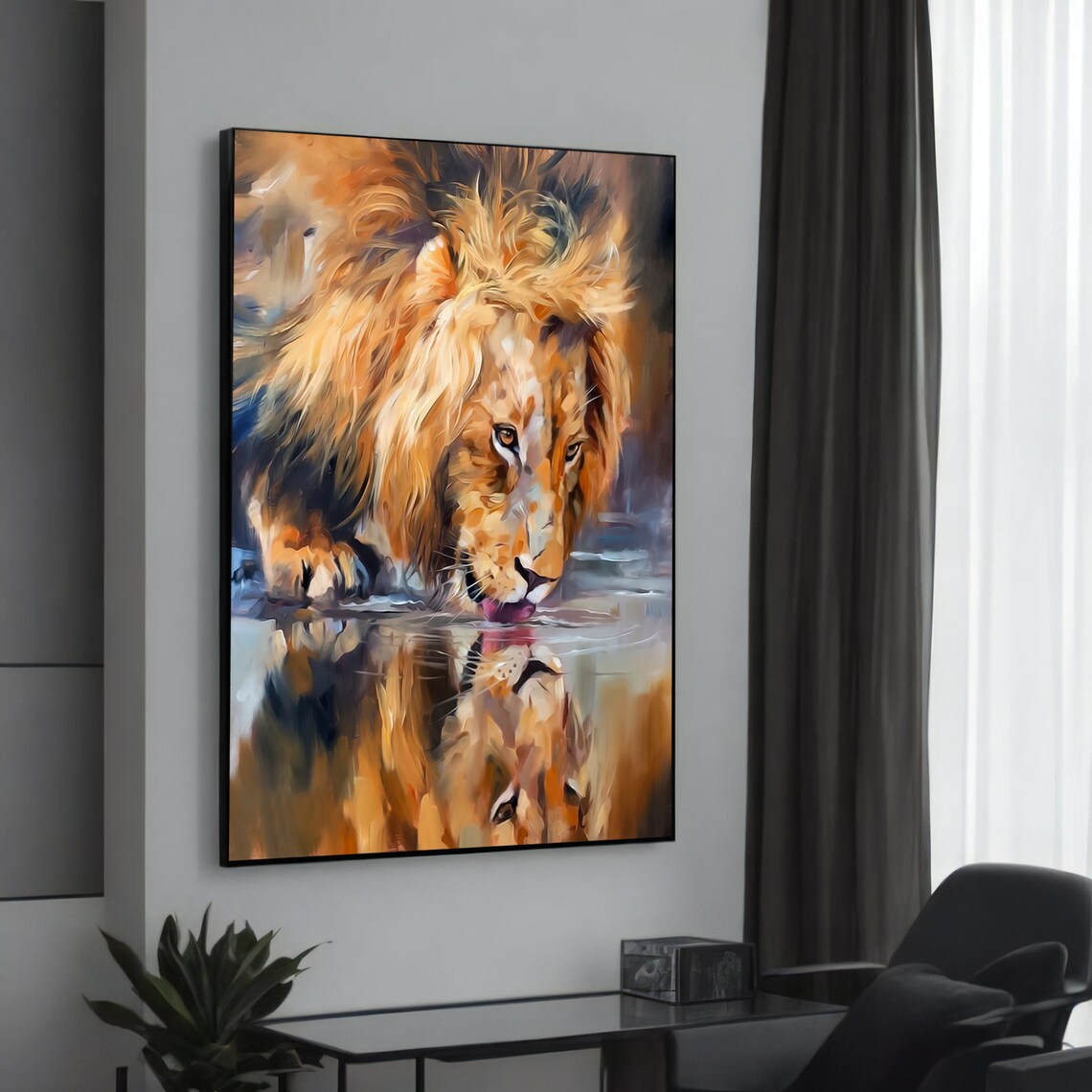 Majestic Lion Drinking Water with Reflection Wildlife Oil Painting Poster