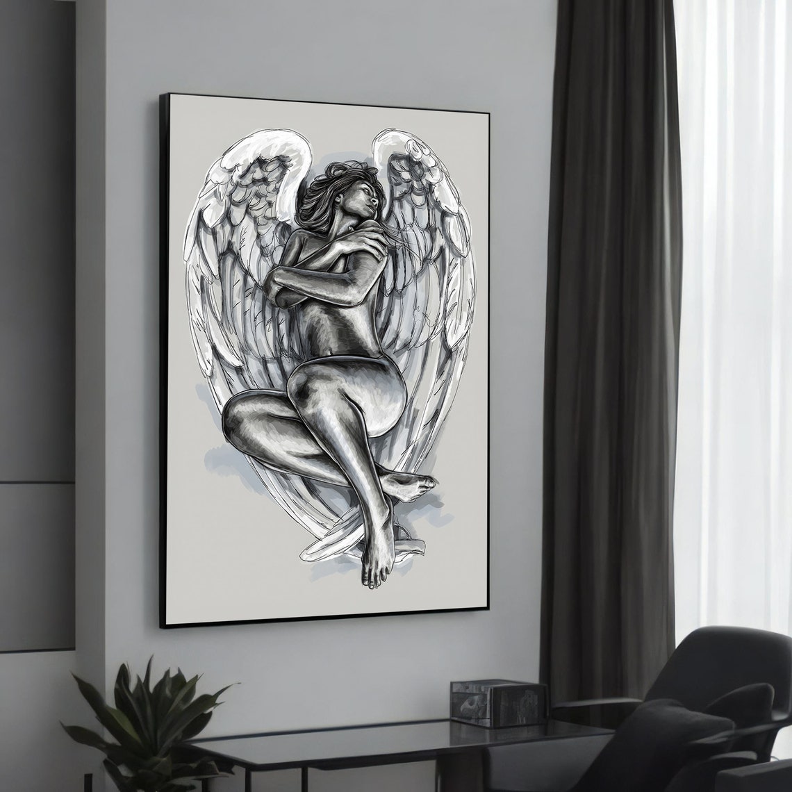 Elegant Monochrome Angel with Wings Wrapped Arms Sketch Wall Art