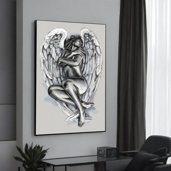 Elegant Monochrome Angel with Wings Wrapped Arms Sketch Wall Art