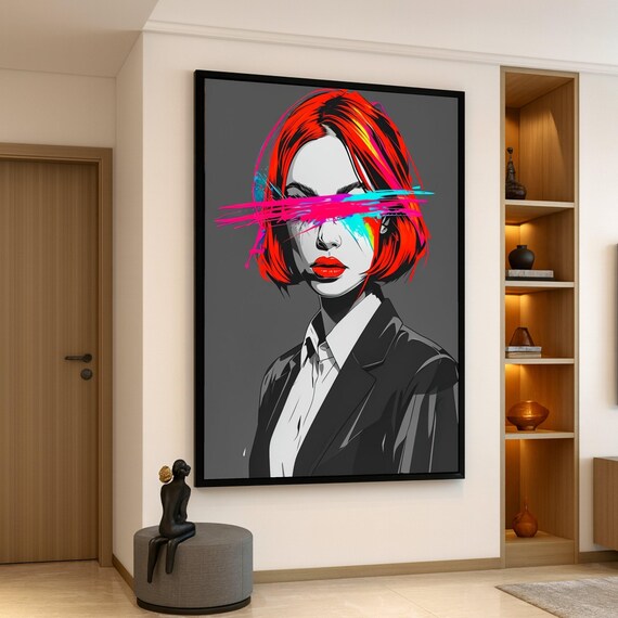 Red Hair Woman Neon Paint Stroke Eyes Bold Modern Pop Art Poster