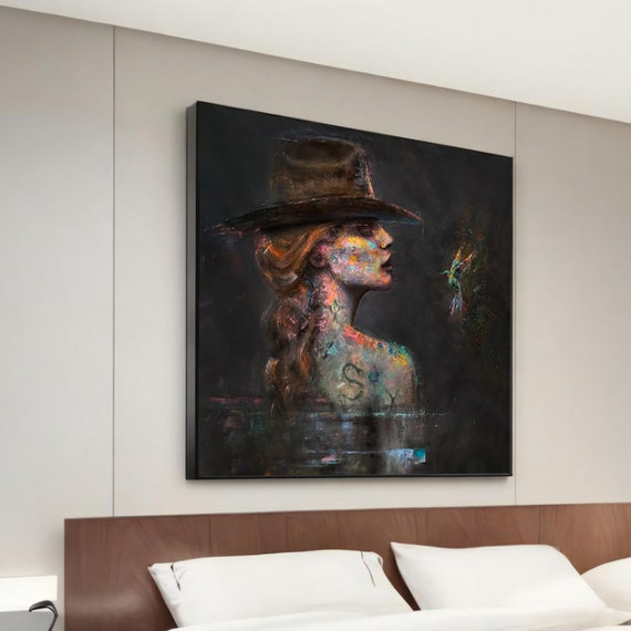 Enigmatic Elegance Modern Canvas Painting Of Woman In Hat With Colorful Tattoos Unique And Artistic Wall Art Gift