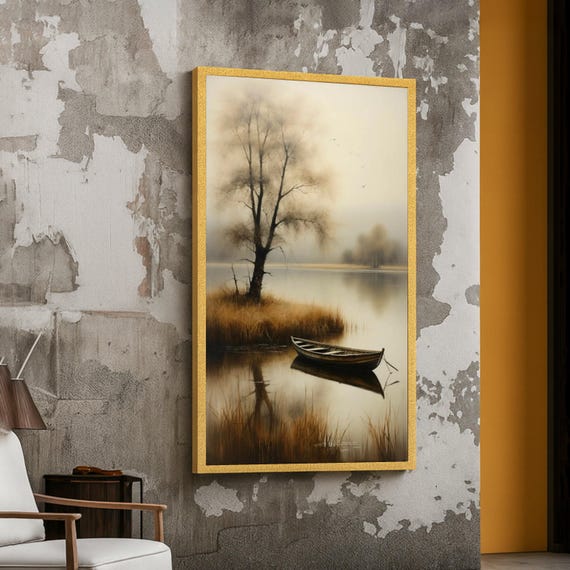 Tranquil Lake Scene Canvas Wooden Boat And Bare Tree Misty Water Reflection Wall Art Serene Nature Landscape Calm Home Decoration
