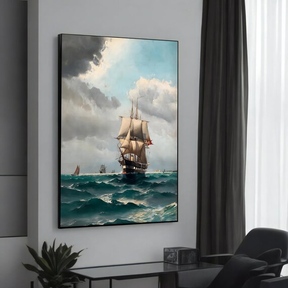 Tall Sailing Ship Dramatic Cloudy Seascape Vintage Marine Poster