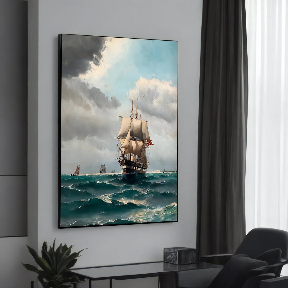 Tall Sailing Ship Dramatic Cloudy Seascape Vintage Marine Poster