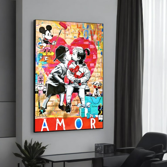 Banksy-Inspired Graffiti Art Print, Kids Kissing