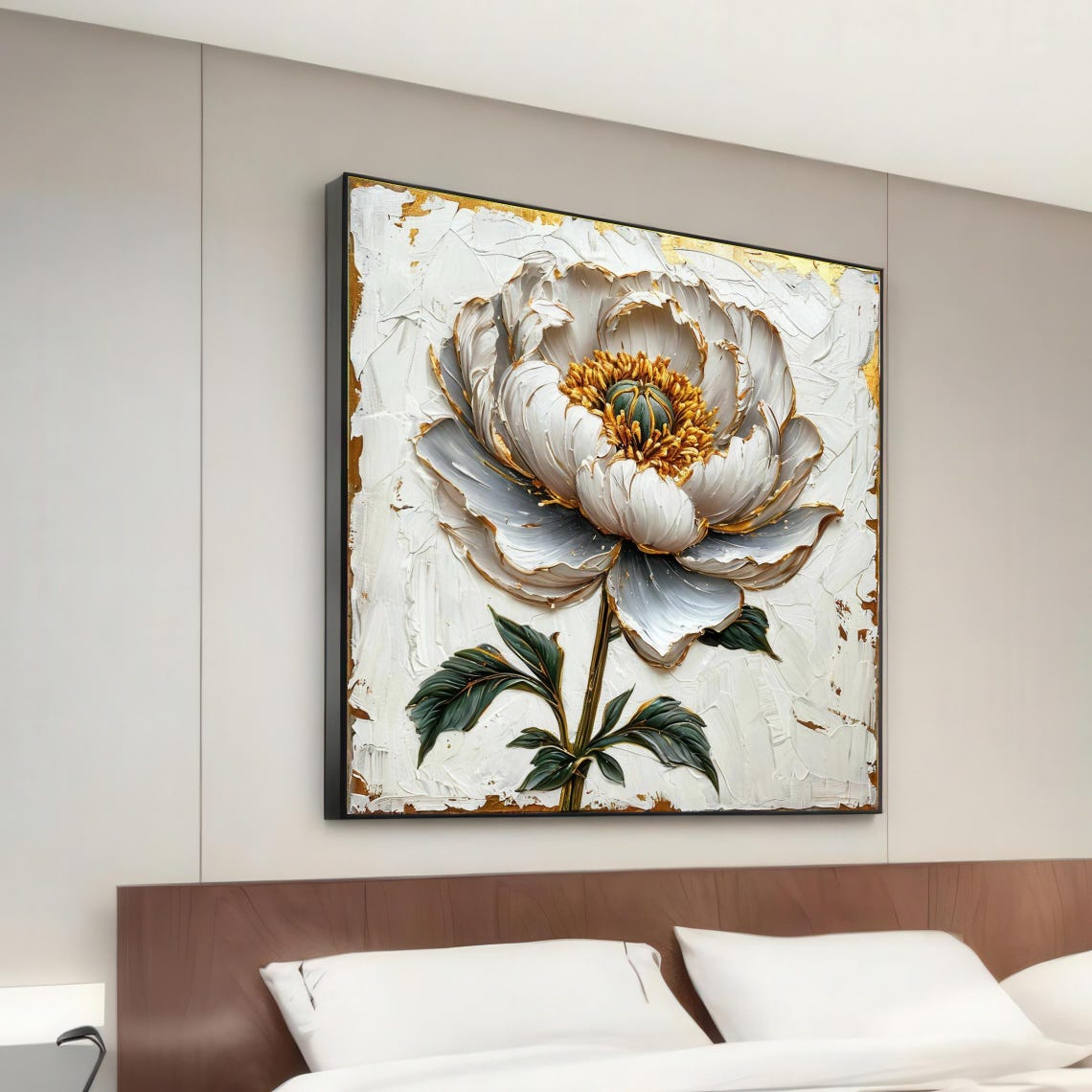 Elegant White Peony Bloom Textured Gold Leaf Floral Wall Art