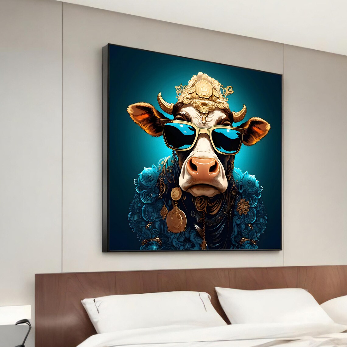 Stylish Cow Gold Crown Sunglasses Royal Portrait Teal Animal Poster