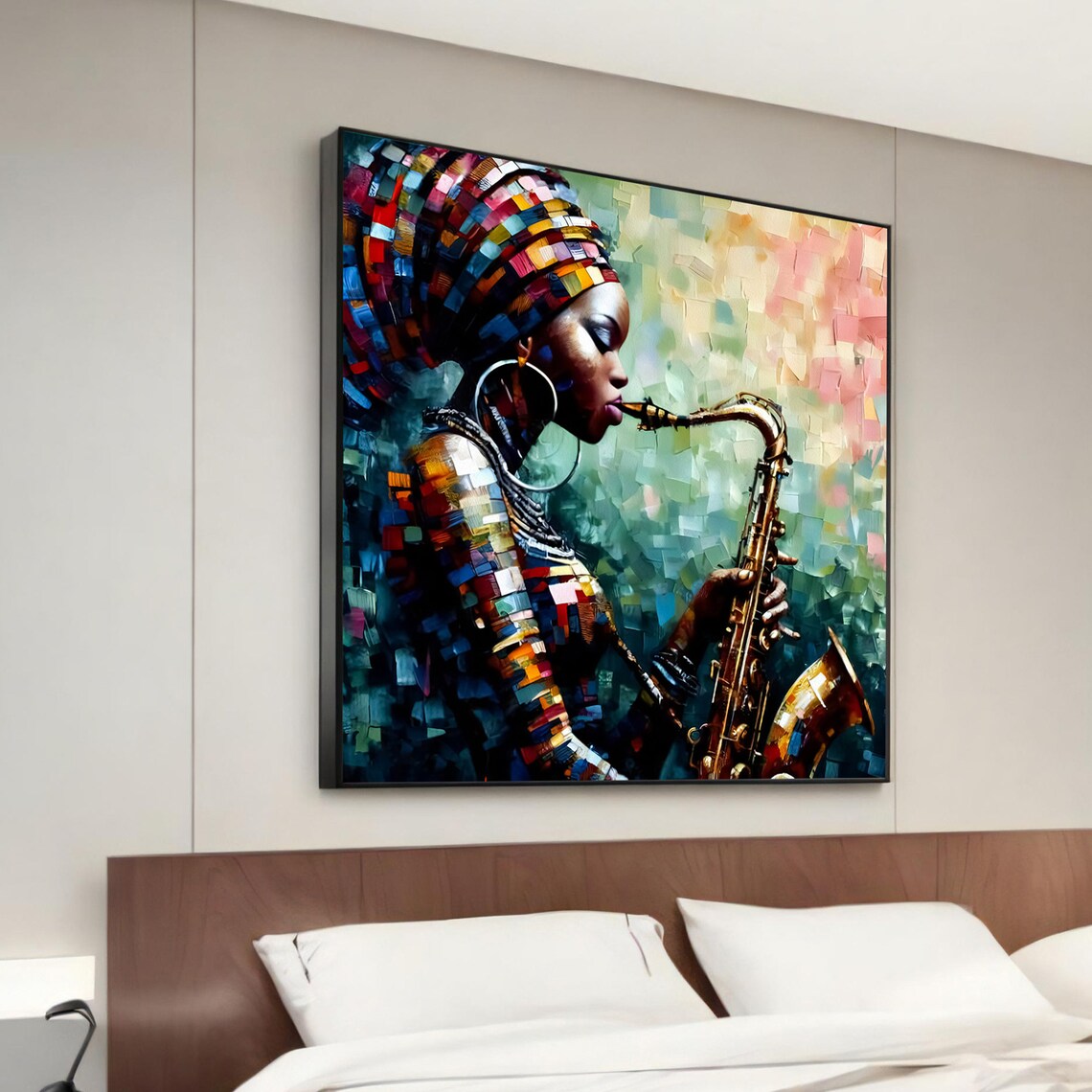 African Woman Playing Saxophone, Musical Art Print