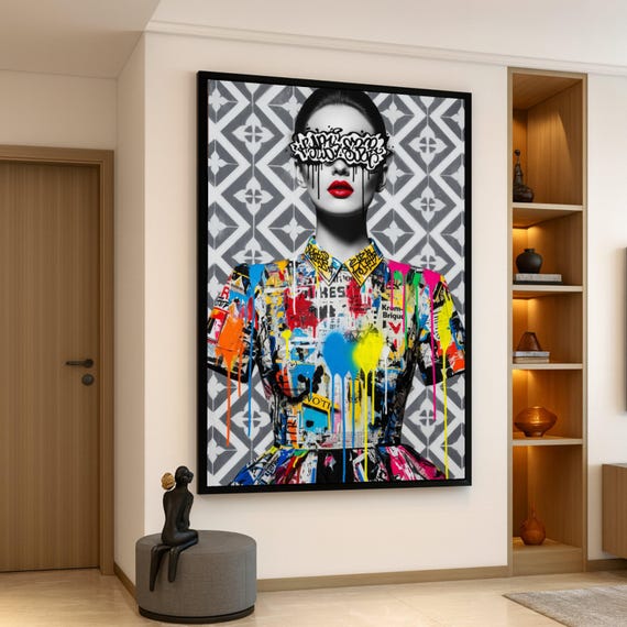 Modern Street Art Fashion Graffiti Dress Canvas Urban Pop Portrait Colorful Drip Paint Wall Bold Red Lips Home Decor