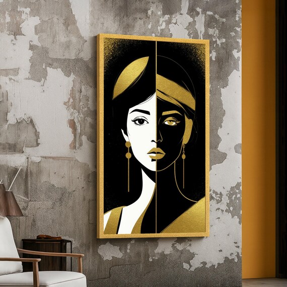 Split Face Woman Portrait Black White And Gold Modern Art Poster