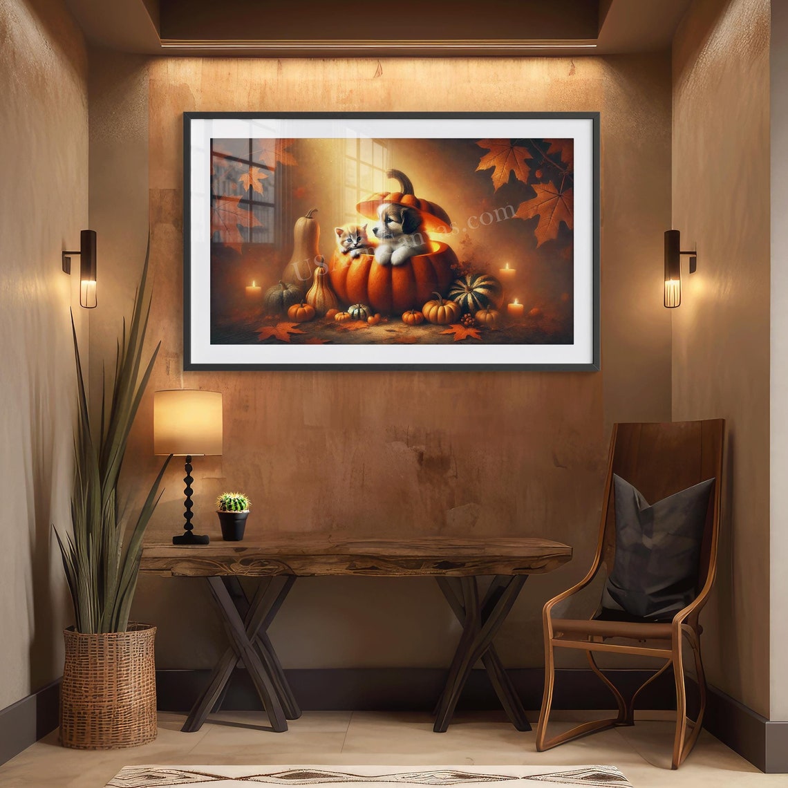 Cute Puppy and Kitten Sitting in Pumpkin Autumn Scene Poster