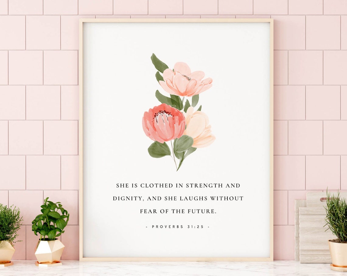Proverbs 31:25 Floral Bible Verse Art Print - Image 2