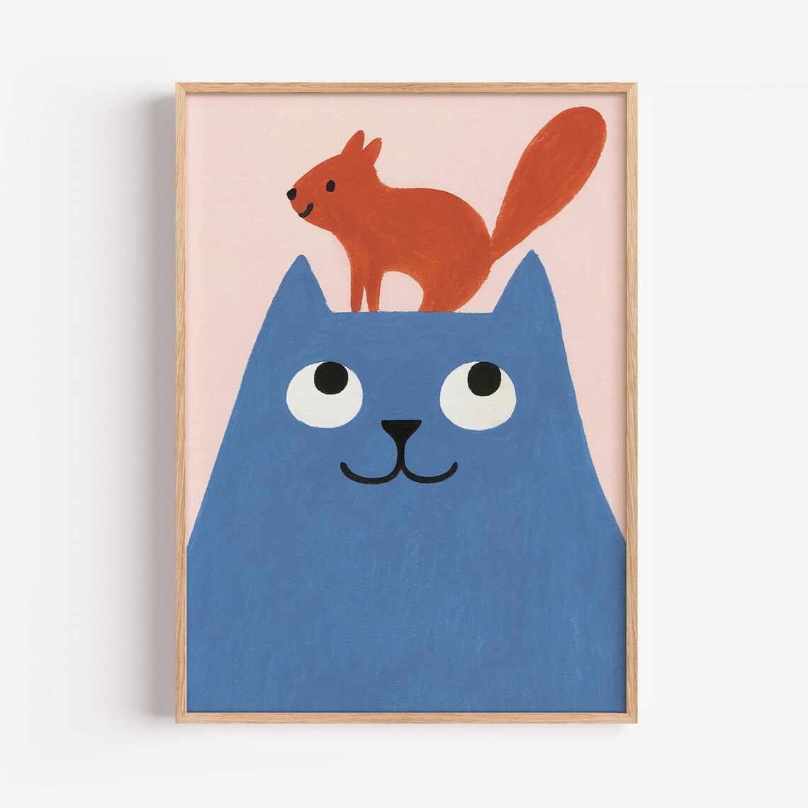 Blue Cat And Squirrel Art Print, Playful Nursery Decor