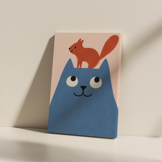 Blue Cat with Orange Squirrel on Head Cute Kids Illustration Poster