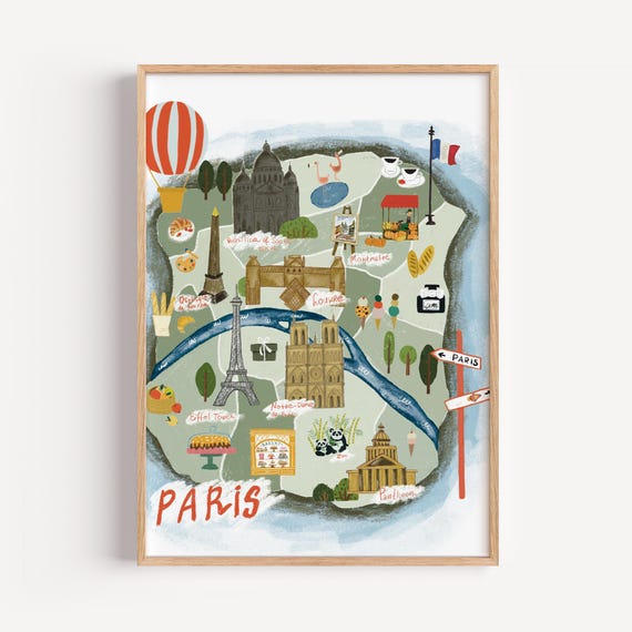 Whimsical Paris City Map Poster Illustrated France Landmarks Print