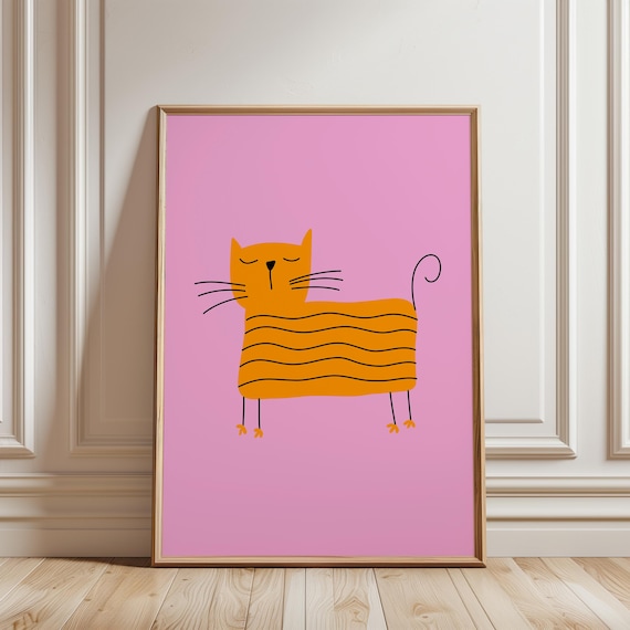 Playful Orange Striped Cat On Bright Pink Kids Room Wall Art